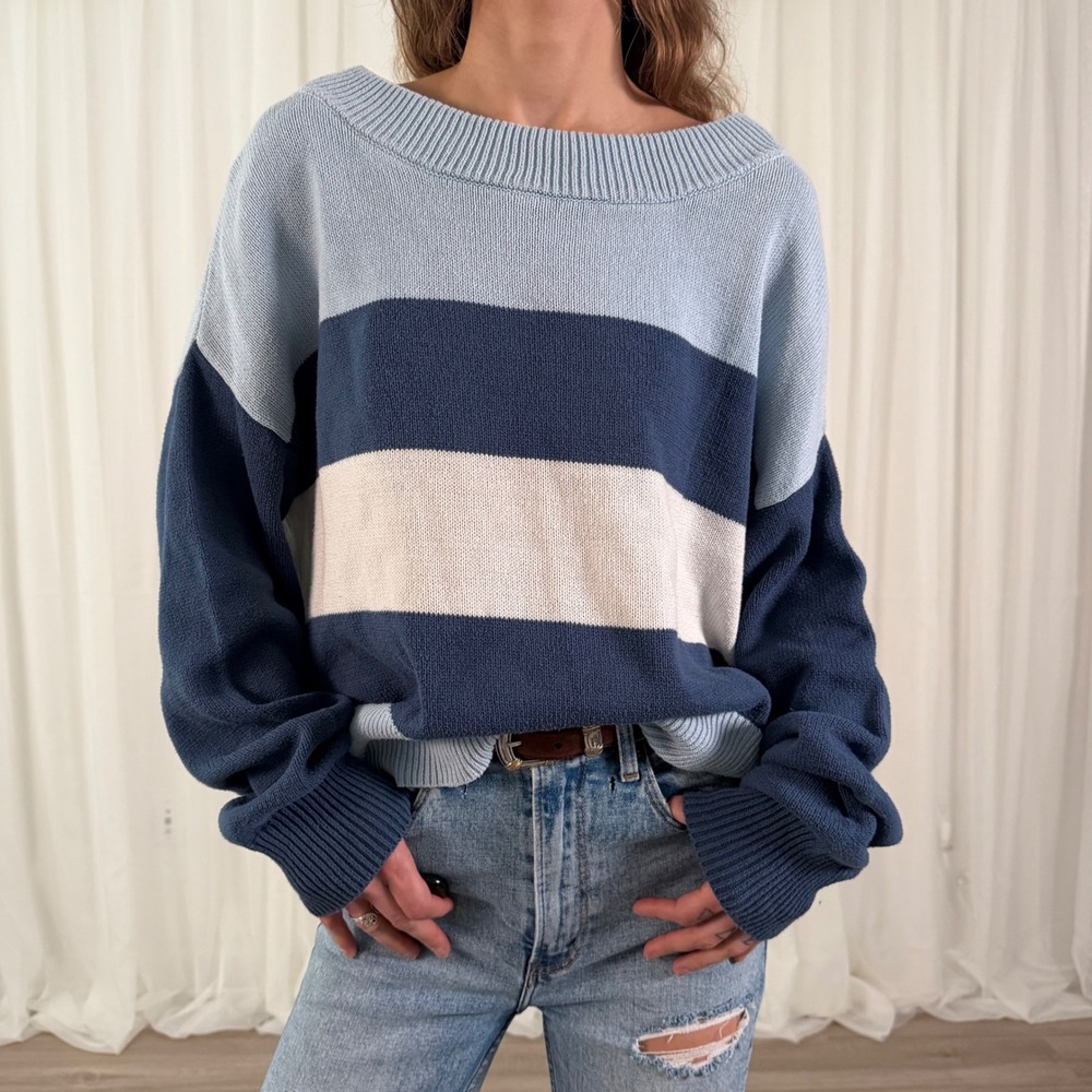 Lucky Brand Striped Sweater Blue Neutral Crewneck Cozy Knit Relaxed Fit Size L